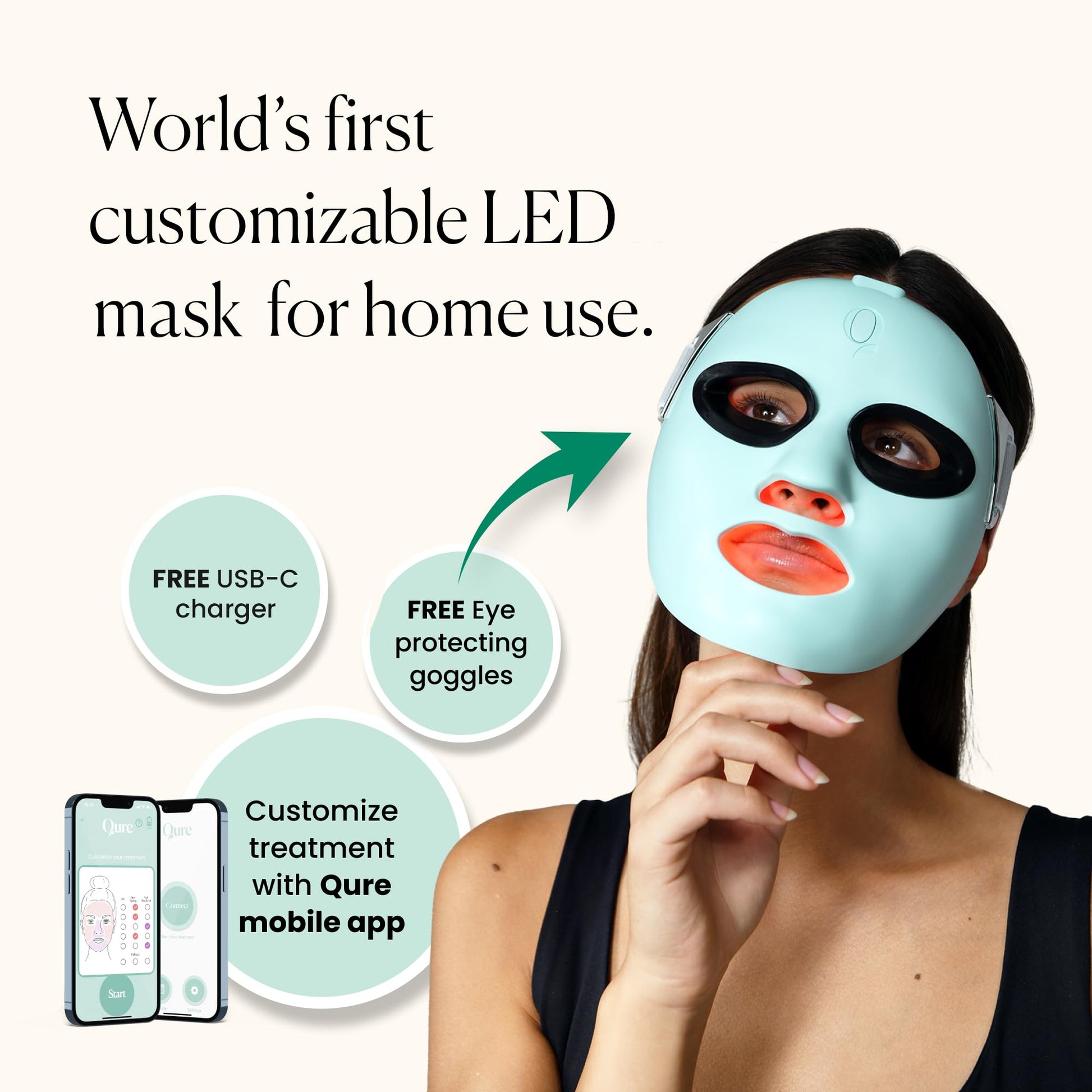 Qure LED Skin Care Face Mask With 5 Different Modes (Red Light Therapy, Amber Light & Blue Light Therapy) One Device with Customizable Settings & Treatments. Perfect For At Home Use LED Facial Therapy