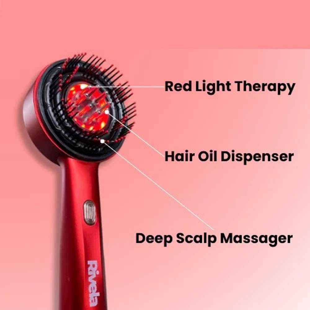 RIVELA Advanced Hair Care Scalp Massager with Red Light & Oil Dispenser – Enhances Absorption & Revitalizes Scalp