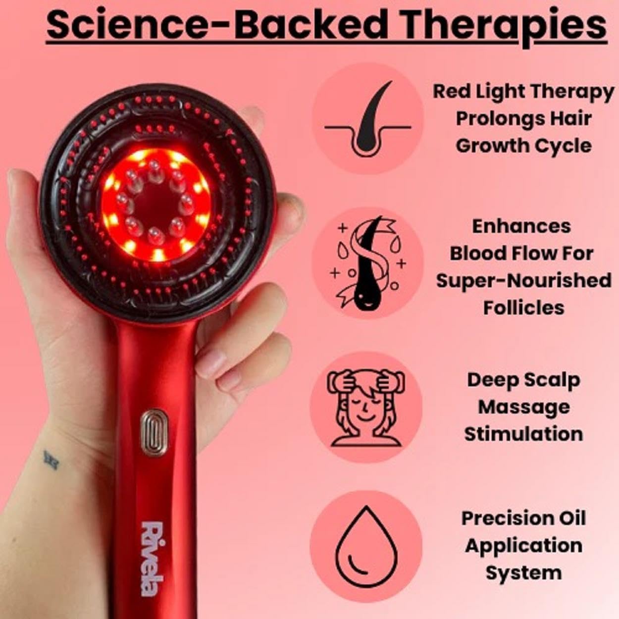 RIVELA Advanced Hair Care Scalp Massager with Red Light & Oil Dispenser – Enhances Absorption & Revitalizes Scalp